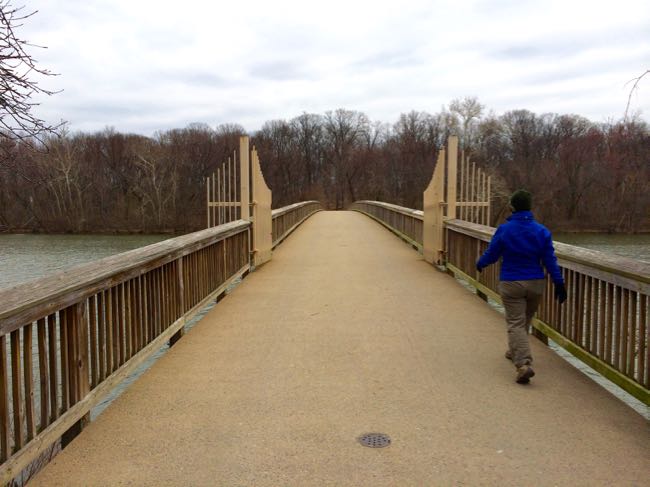 Cross the footbridge to begin a Theodore Roosevelt Island hike