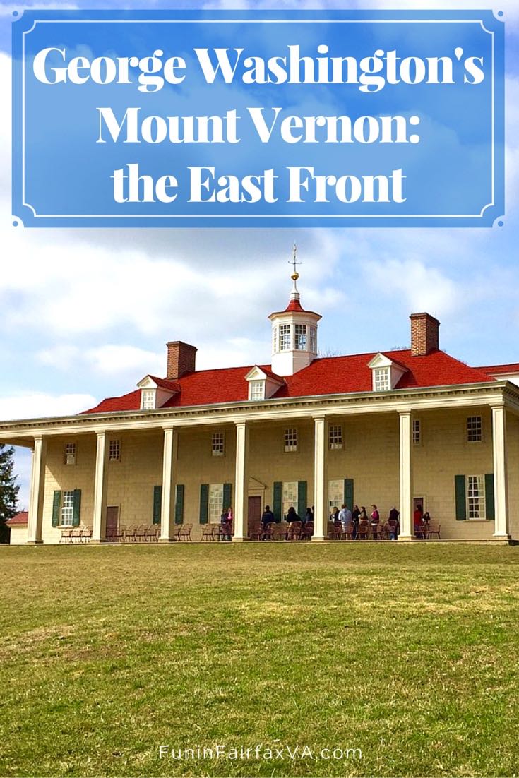 George Washington's Mount Vernon east front, with it's two story facade, columned piazza, iconic cupola, and expansive Potomac River view, Virginia.