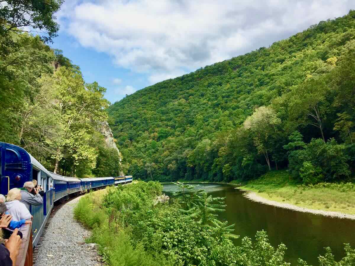 Admiring the View from the Open Air Car on the Potomac Eagle Scenic Train in Romney West Virginia