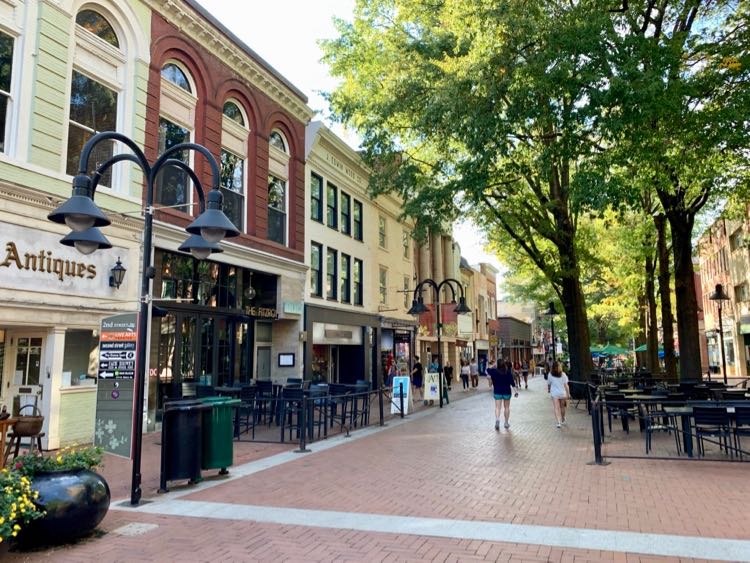 The Charlottesville Virginia Downtown Pedestrian Mall is lined with shops and restaurants.