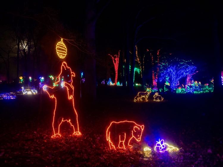 Ursos e outros animais selvagens luzes de natal em Meadowlark Jardins na Virgínia do Norte