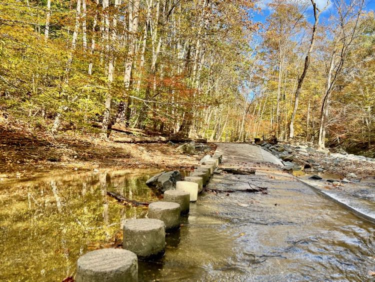 Concrete pillars are used for Stream crossings on the Scotts Run loop hike in Virginia