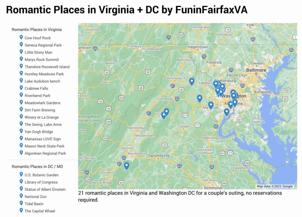 Romantic Places in Virginia + DC map