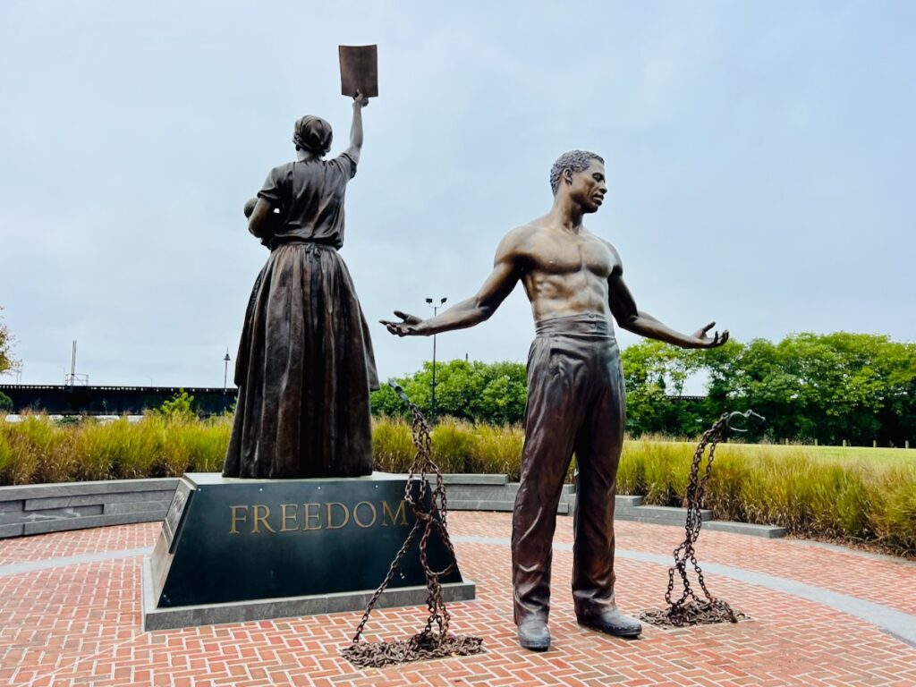 The Emancipation and Freedom Monument in Richmond Virginia shows a man, woman, and infant newly freed from slavery.