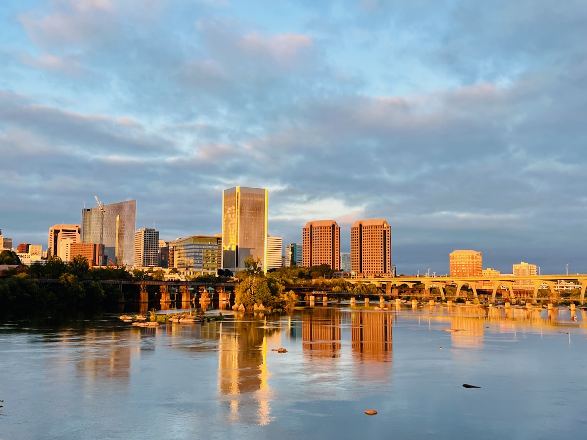 View of the Richmond Skyline at Sunset from the Belle Isle Suspension Bridge, one of the Best Things to Do in Richmond VA