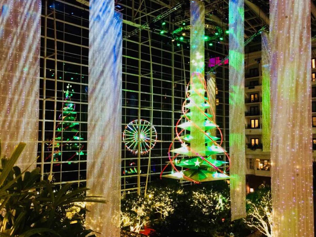 Christmas Tree Light Show at Gaylord National Resort with Capital Wheel in Background