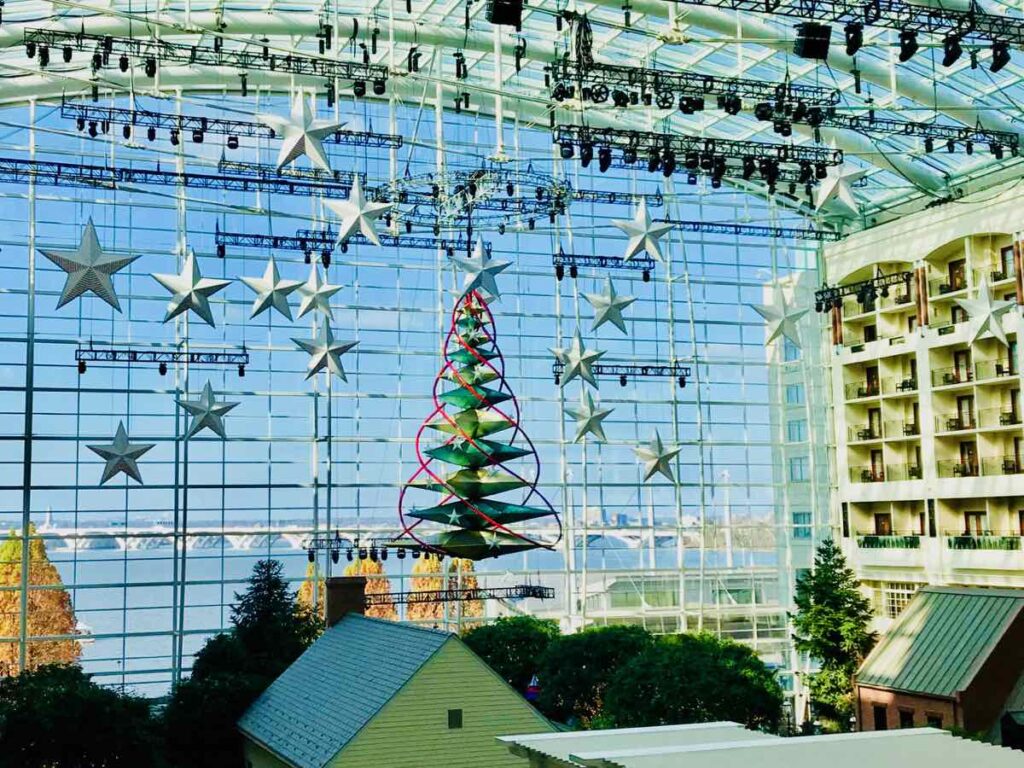 Giant Suspended Christmas Tree and Stars at Christmas on the Potomac Gaylord National Harbor  MD