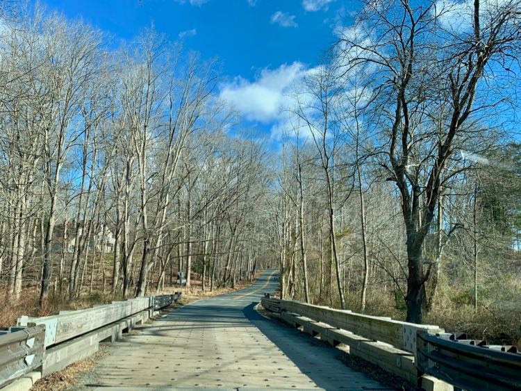 Beach Mill Road one-lane bridge on a Great Falls scenic drive