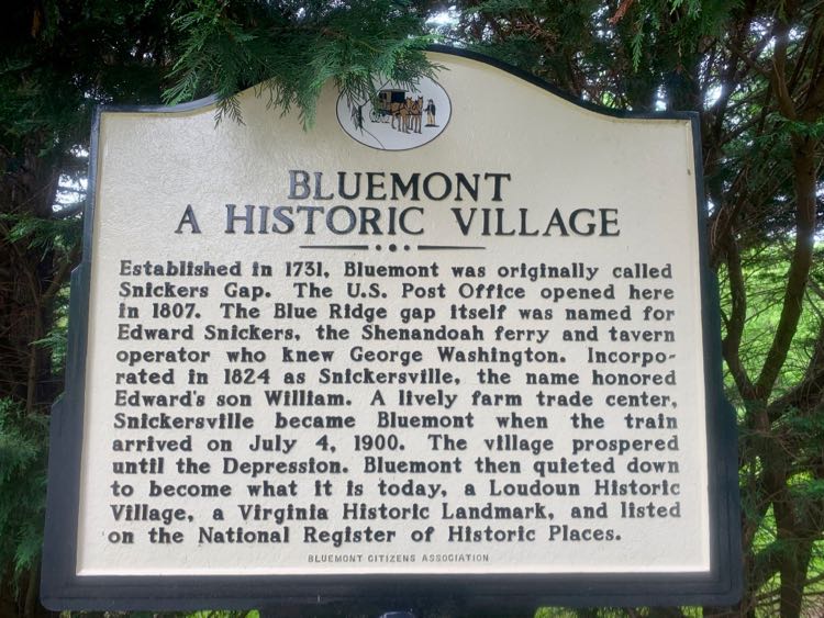 Bluemont Historic Village sign on the Snickersville Turnpike in Loudoun County Virginia