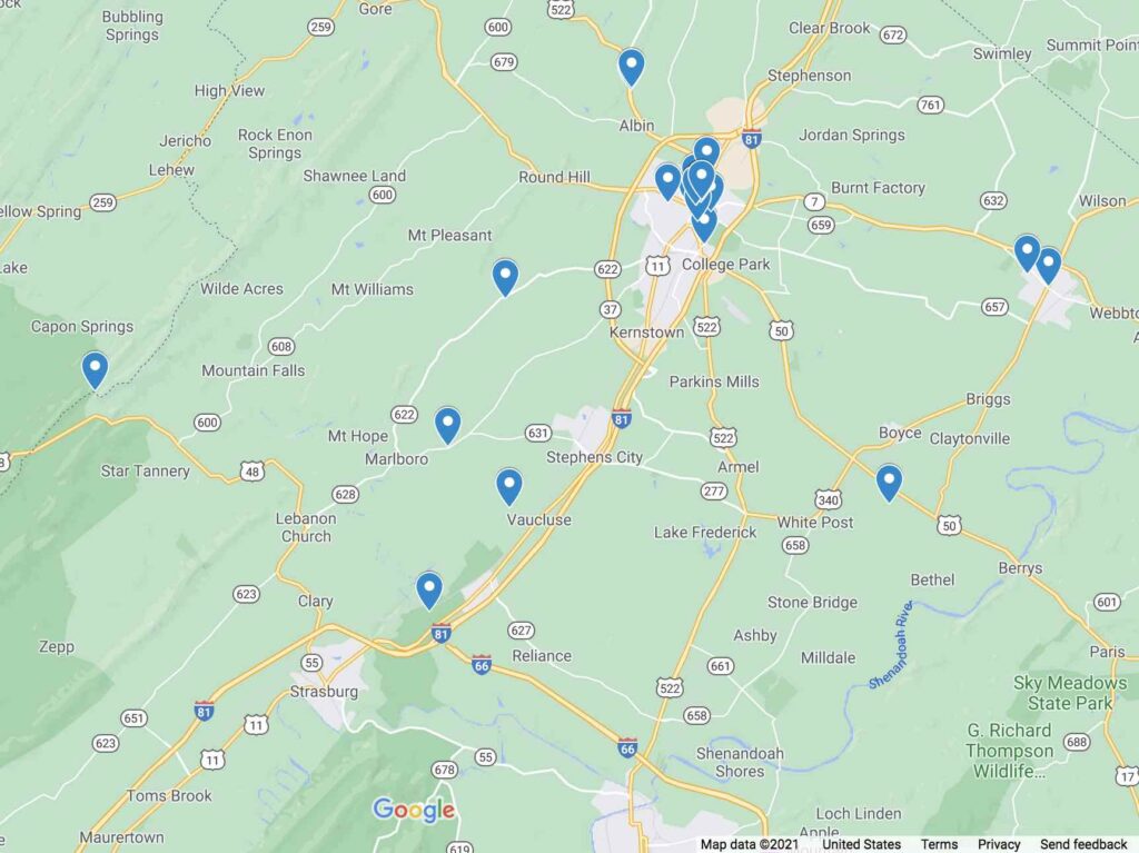 Google Map of fun things to do in Winchester VA created by Fun in Fairfax VA.