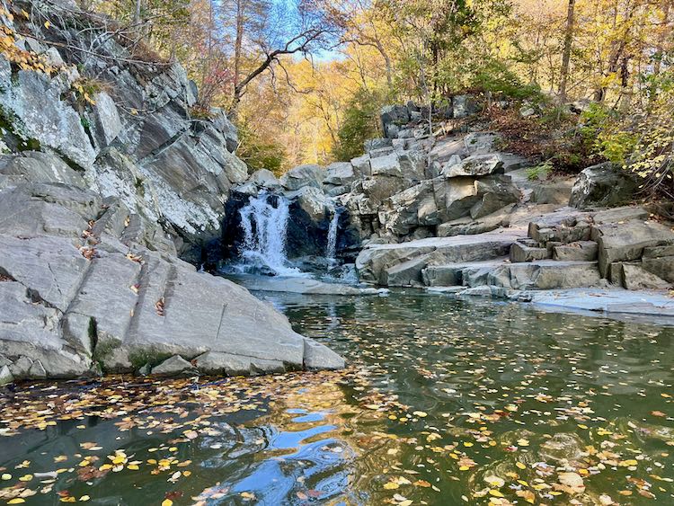 Fall foliage and waterfall at Scotts Run hike in Northern Virginia