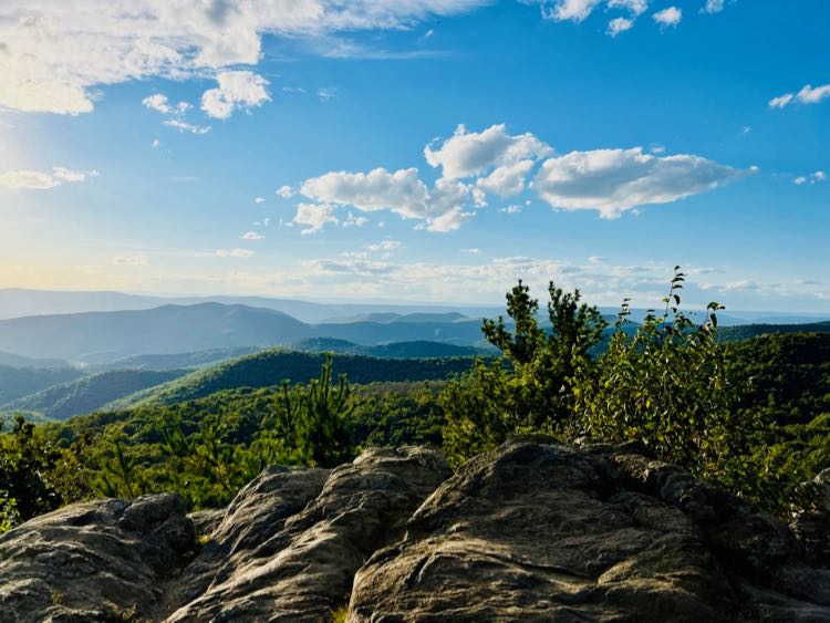 Panoramic view from a rocky outcropping below The Point Overlook on Skyline Drive