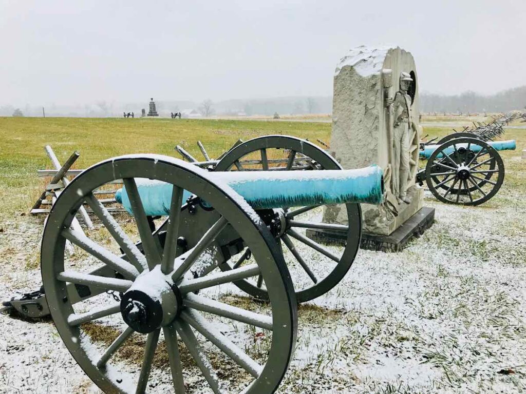 Canons and ground duster with snow on a winter getaway to Gettysburg PA