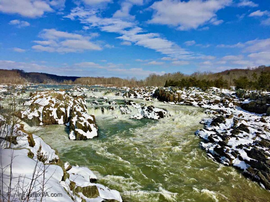 Great Falls Park in the snow, one of the nest winter walks and hikes in Northern Virginia