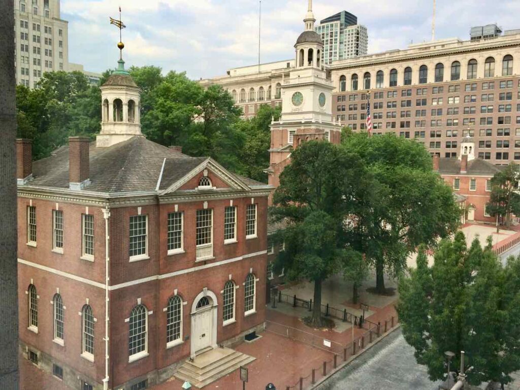 View of Independence Hall from Kimpton Hotel Monaco in Philadelphia PA