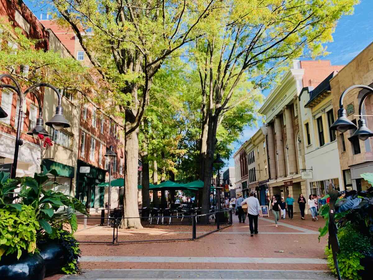 The Downtown Pedestrian Mall, one of the top things to do in Charlottesville VA, on a Charlottesville Getaway or day trip near Washington DC