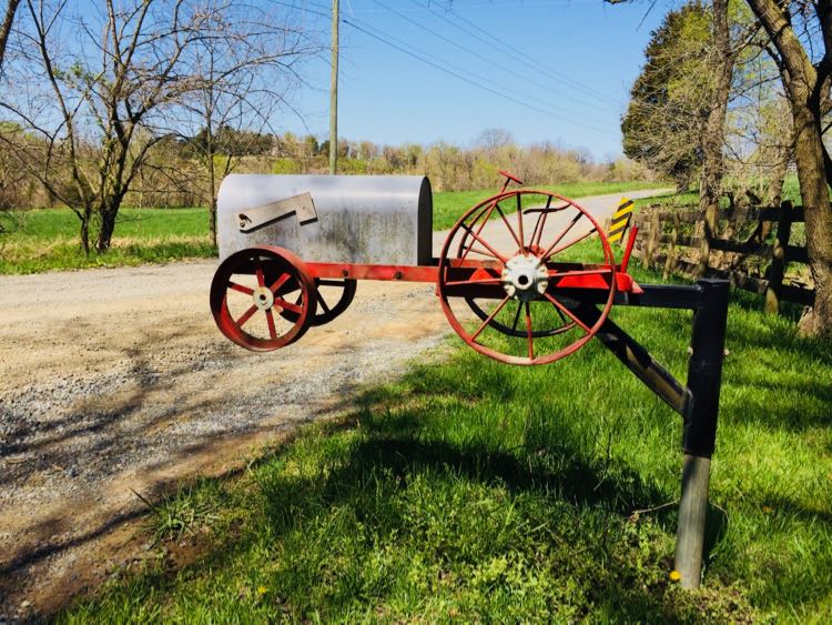 Tractor mailbox on Downey Mill Rd, unpaved roads near Leesburg Virginia