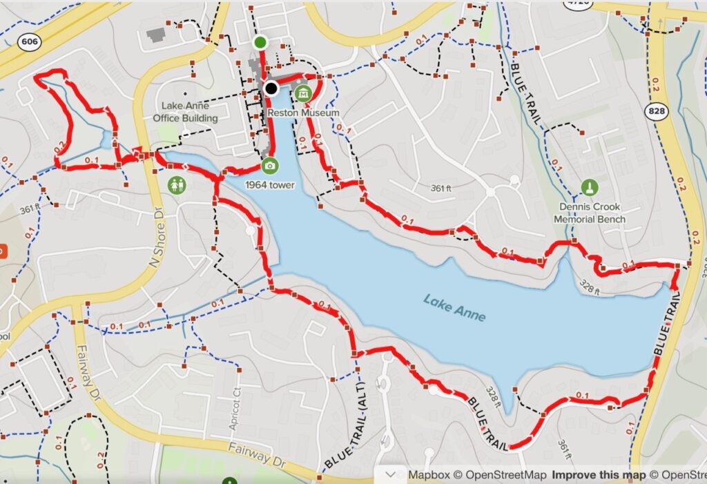 Map of the Lake Anne Trail in Reston Virginia created with the AllTrails app