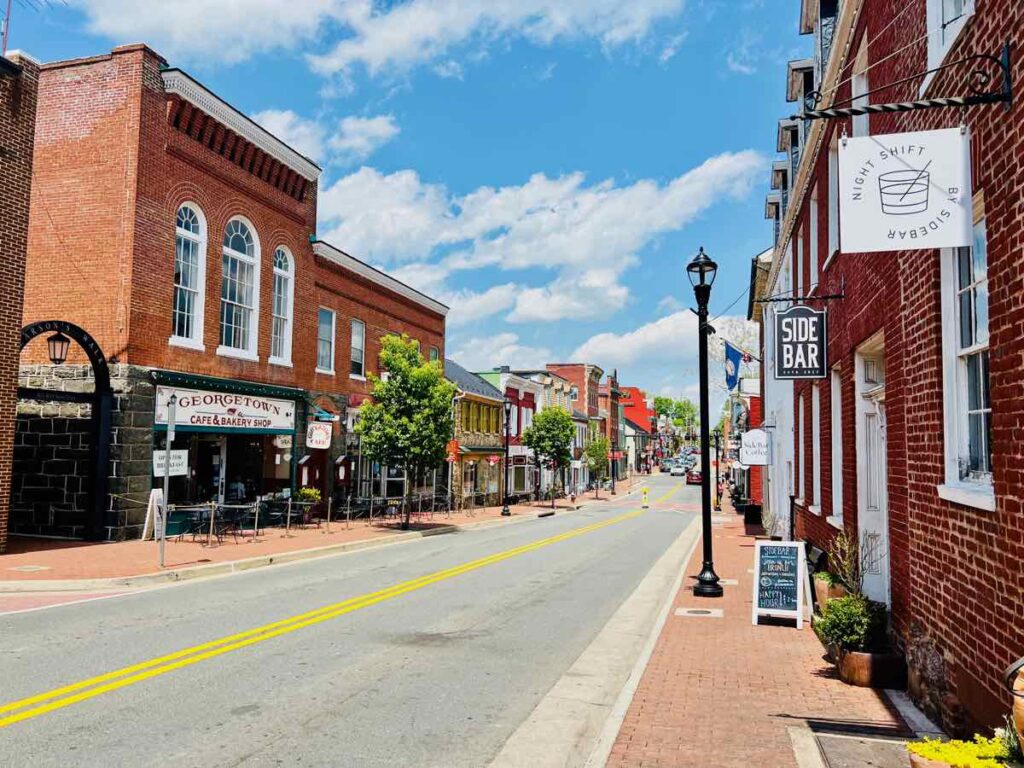 Restaurants and Shops Lining King Street in Historic Leesburg Virginia