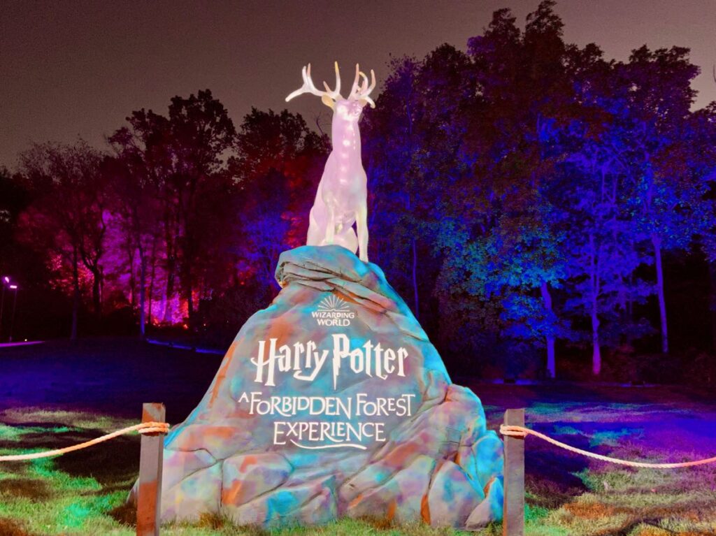 Stag statue at the entrance to Harry Potter A Forbidden Forest Experience in Leesburg Virginia