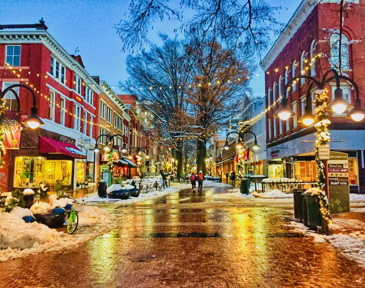 Christmas Lights and Decorations at the Pedestrian Mall in Downtown Charlottesville; photo by VisitCharlottesville.org