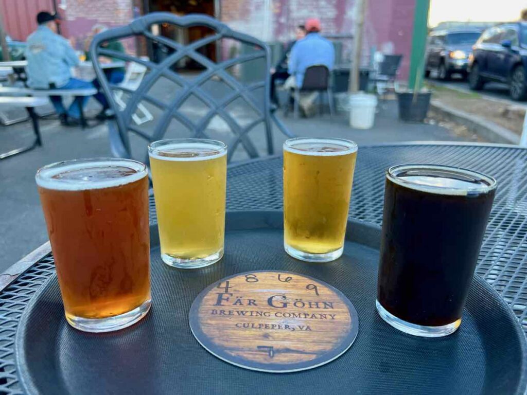 A craft beer flight at Far Gohn Brewing Company Culpeper VA