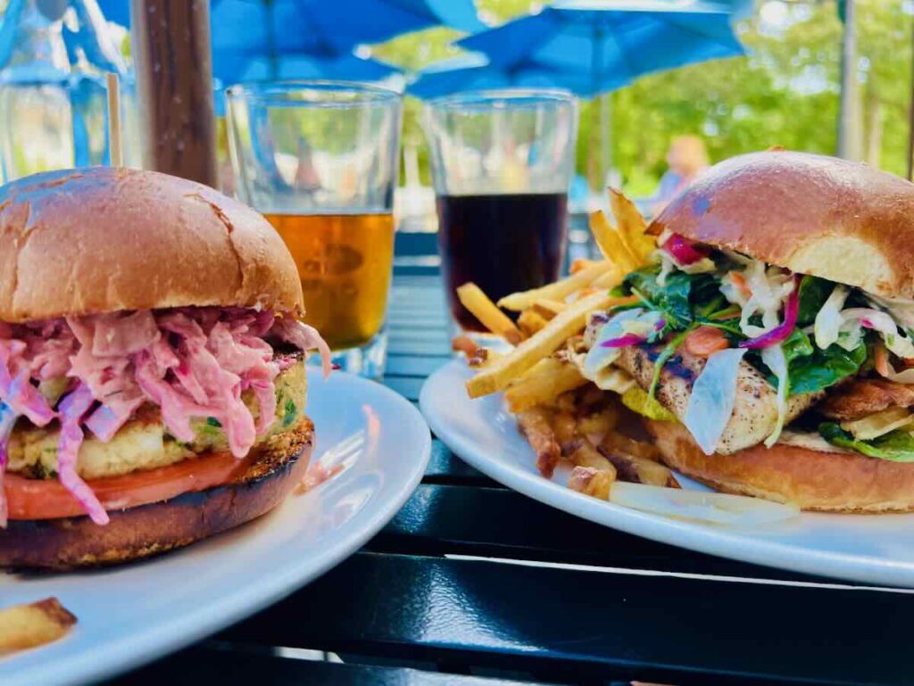 Crabcake and Grilled Fish Sandwiches on the Patio at Vienna's Bear Branch Tavern, a Good Choice for Outdoor Dining in Northern VA