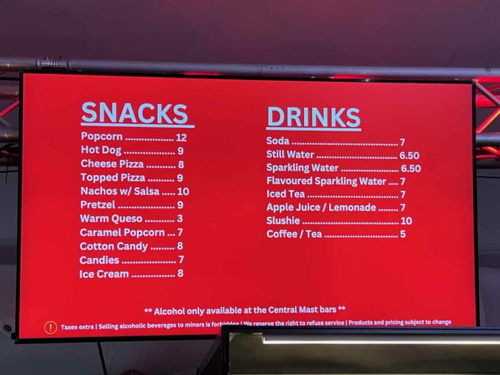 Cirque du Soleil Tysons Snack Bar Menu