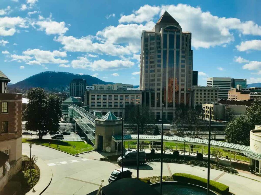 View from Hotel Roanoke of downtown and Mill Mountain