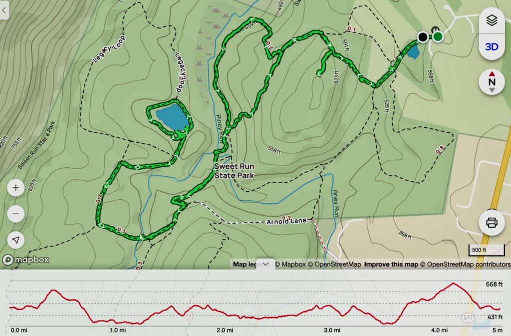 Sweet Run State Park Hike to Gordon Pond Map