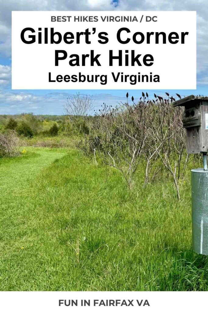 Bluebird box in a green meadow on an easy, scenic Gilberts Corner Park hike with pretty views of the Blue Ridge Mountains and interesting history.